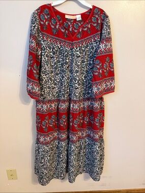 La Cera Cotton Tiered Midi Dress Paisley India Boho Pockets Muumuu House Dress